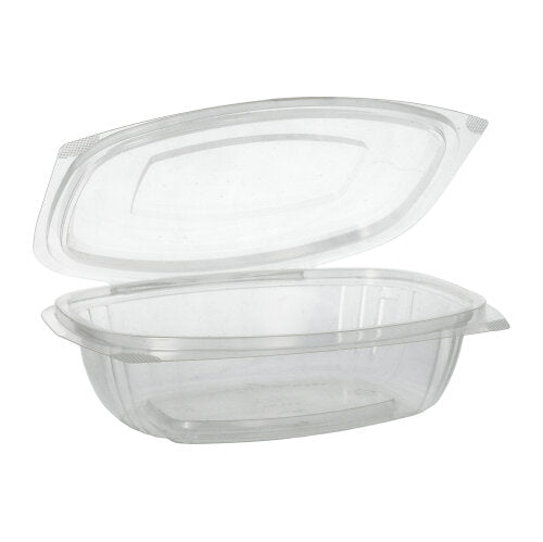 The PAPSTAR 50 gourmet and salad bowls with hinged lids made of crystal-clear, compostable PLA by PAPSTAR GmbH are open and transparent against a white background.