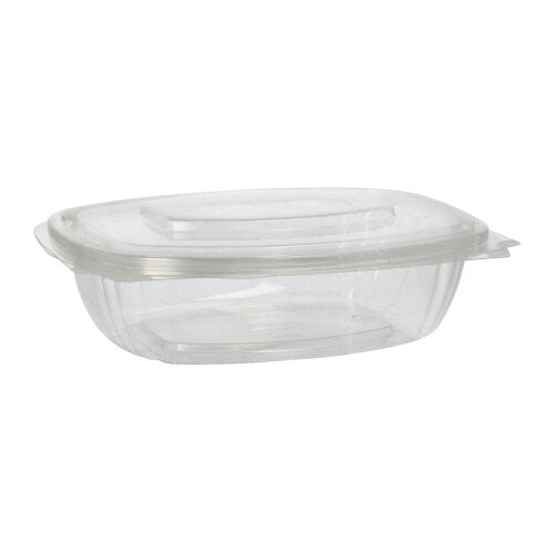 The 50 gourmet and salad bowls with hinged lids, "pure" crystal-clear PLA by PAPSTAR GmbH are clear, rectangular, compostable food containers with hinged lids, made from eco-friendly PLA and depicted on a plain white background.
