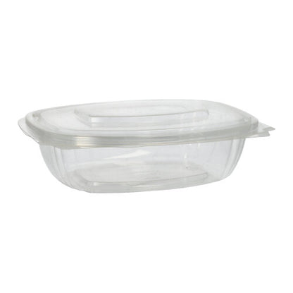 The 50 gourmet and salad bowls with hinged lids, "pure" crystal-clear PLA by PAPSTAR GmbH are clear, rectangular, compostable food containers with hinged lids, made from eco-friendly PLA and depicted on a plain white background.