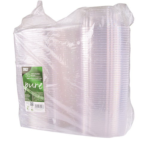 A package wrapped in clear plastic film containing 50 PAPSTAR "pure" crystal-clear PLA delicatessen and salad bowls with hinged lids, with a green-white label on the front showing the trademark and recycling information of PAPSTAR GmbH.