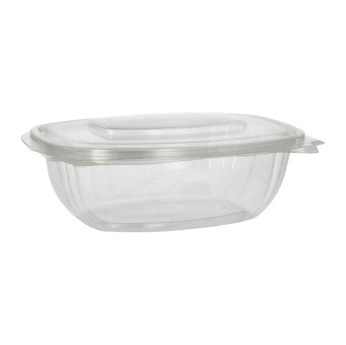 The 50 delicatessen and salad bowls with hinged lids, PLA "pure" crystal clear from PAPSTAR GmbH are clear, rectangular, eco-friendly food containers with transparent hinged lids, depicted empty on a plain white background.