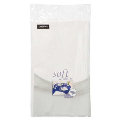 Abgebildet ist ein Paket Starpak Tischdecke, stoffähnlich, Vlies "soft selection" 240 cm x 140 cm in weiß in einer transparenten Hülle mit einem Produktetikett mit Tischgedeck-Motiv. Marke: Starpak.