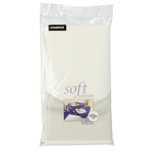 In a transparent plastic packaging, there is a folded white Starpak tablecloth, fabric-like fleece "Soft Selection", size 120 cm x 180 cm, with the image of a set dining table on the front.