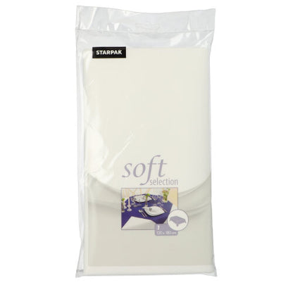 In a transparent plastic packaging, there is a folded white Starpak tablecloth, fabric-like fleece "Soft Selection", size 120 cm x 180 cm, with the image of a set dining table on the front.