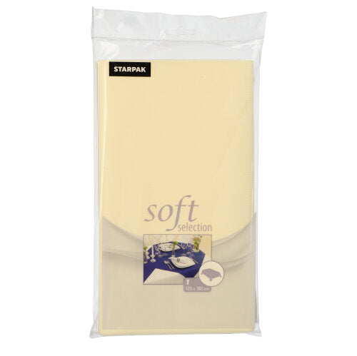 A transparent plastic packaging with the inscription "Starpak tablecloth, fabric-like, fleece soft selection" shows a set dining table and indicates the size as 120 x 180 cm. The product is cream-colored and impresses with its fabric-like texture. Brand: Starpak.