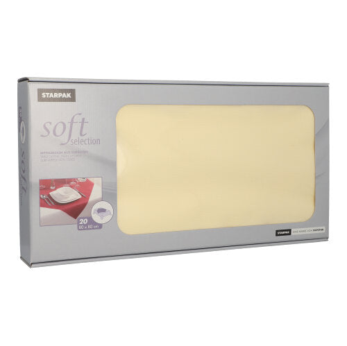 Die Starpak „Soft Selection“ Box enthält 20 cremefarbene, 80x80 cm große, stoffähnliche Vlies-Mitteldecken für die Gastronomie, mit Klarsichtfenster und aufgedruckten Frontdetails.