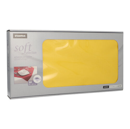 A rectangular silver Starpak box labeled "Soft Selection" contains 20 yellow, fabric-like fleece napkins (80 x 80 cm). The box shows a small image of the napkins on a red table, ideal for gastronomy use.