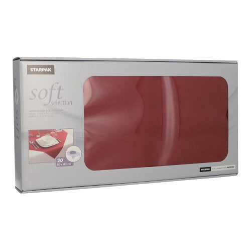 Abgebildet ist eine rechteckige Schachtel mit 20 Starpak Mitteldecken "Soft Selection" 80x80cm, stoffähnlich Vlies. Die graue Verpackung hat ein Sichtfenster mit den Servietten und einem Esstischmotiv, ideal für den Gastronomiebereich.