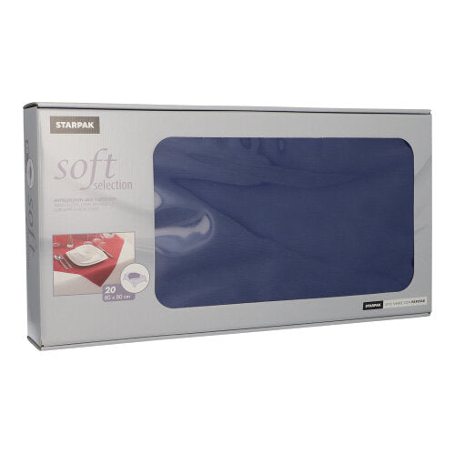 Eine rechteckige Schachtel mit 20 stoffähnlichen Mitteldecken aus Vlies „Soft Selection“ von Starpak (80 x 80 cm) verfügt über ein Sichtfenster mit blauen Servietten. Die überwiegend graue Verpackung zeigt Produktinformationen und ein Gastronomie-Tischgedeck.