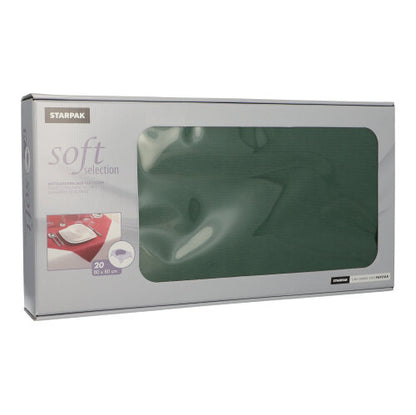 A rectangular box labeled "Starpak 20 napkins, fabric-like, fleece 'soft selection' 80 x 80 cm" contains 20 soft, fabric-like napkins. The packaging features a transparent window through which the napkins inside are presented.