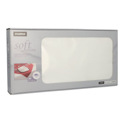The Starpak 20 napkins "soft selection", fabric-like from fleece (80x80 cm), come in a predominantly gray box with a large transparent window through which the white napkins are visible; ideal for gastronomy, with product info on the front.