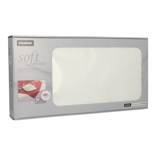 The Starpak "Soft Selection" box contains 20 white, fabric-like fleece napkins (80 x 80 cm), visible through a clear window – ideal for gastronomy.