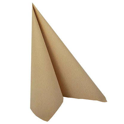A single beige PAPSTAR 20 Napkins "ROYAL Collection" 1/4-fold 40x40 cm by PAPSTAR GmbH is folded upright in a triangle shape and stands on a flat surface against a plain white background.