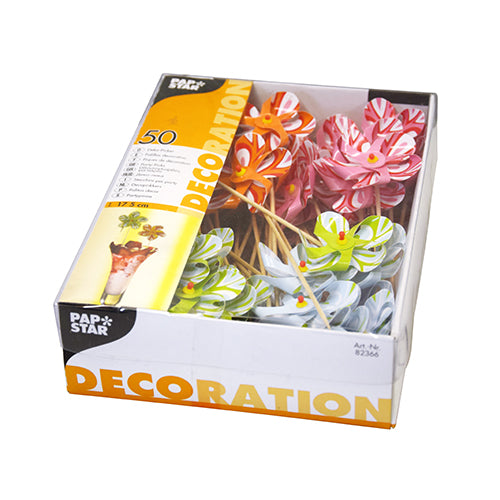 Eine Box mit 50 bunten Deko-Pickern "Windmühle" (17,5 cm) der PAPSTAR GmbH, verschiedene Motive auf Holzstäben im Papptray – ideal für Partys und Dekorationen.