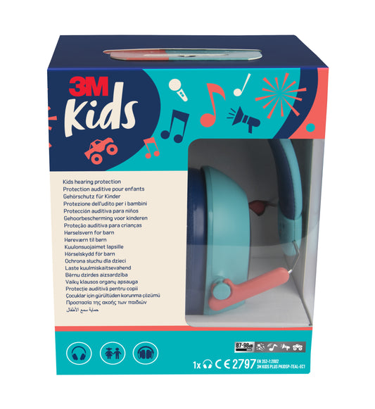Abgebildet ist eine Schachtel 3M™ Gehörschutz für Kinder PKIDSP-TEAL-E in türkis (87-98 dB) von 3M Deutschland GmbH, teilweise sichtbar durch ein durchsichtiges Kunststofffenster mit Symbolen, Produktdetails und mehrsprachigem Text auf der Verpackung.