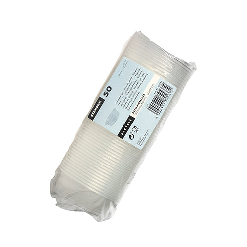 Eine in Plastik verpackte Packung mit 50 transparenten Starpak Dressingbechern (PP, Ø7,1cm) mit einem weißen Etikett mit Produktdetails, Menge, Barcode und Recyclingsymbolen.