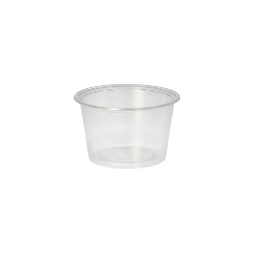 A transparent Starpak 50 dressing cup, PP round Ø 7.1 cm, is empty and without a lid centered on a plain white background.
