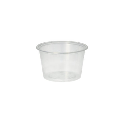 A transparent Starpak 50 dressing cup, PP round Ø 7.1 cm, is empty and without a lid centered on a plain white background.
