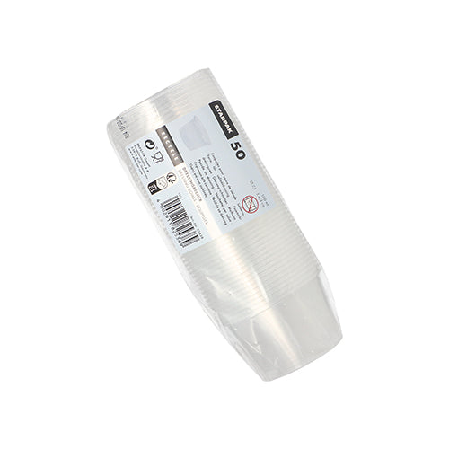 A package with 50 Starpak dressing cups (PP, round, Ø 7.1 cm, transparent) is stacked and wrapped in clear plastic, with a white label showing product details and barcode - perfect for catering services or use as dressing cups.