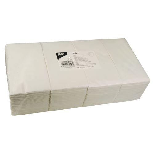 Eine Packung PAPSTAR 250 Servietten, 2-lagig 1/8-Falz, 40x40 cm, weiss der PAPSTAR GmbH ist in Folie verpackt und verfügt über ein Etikett mit Produktinformationen und Barcode. Die 250 weißen Servietten sind sauber in einer rechteckigen Verpackung gestapelt.