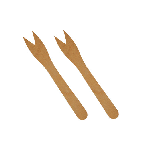 Zwei PAPSTAR Snack-Gabeln „pure“ aus Holz (12,1 cm) mit flachen, abgerundeten Griffen und zwei Zinken liegen nebeneinander auf weißem Hintergrund – perfekt für umweltfreundliches Catering.