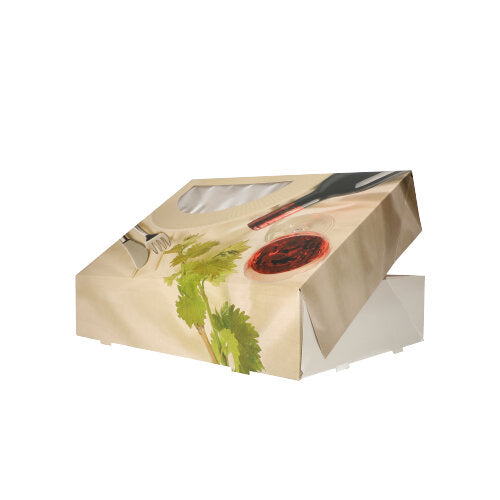 Die PAPSTAR 5 Transport- und Catering-Kartons „Burgund“ der PAPSTAR GmbH besitzen ein Sichtfenster im Deckel sowie Verzierungen mit Weinglas, Gabel und Kräutern. Der Karton ist auf weißem Hintergrund abgebildet, teils geöffnet.