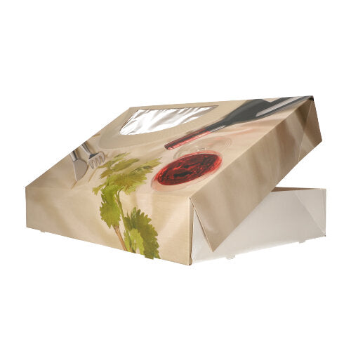 Die PAPSTAR 5 Transport- und Catering-Kartons „Burgund“ der PAPSTAR GmbH verfügen über einen schrägen Deckel mit Sichtfenster, aufgedruckt sind eine Weinflasche, ein Rotweinglas und Kräuter, teilweise geöffnet und auf weißem Hintergrund.