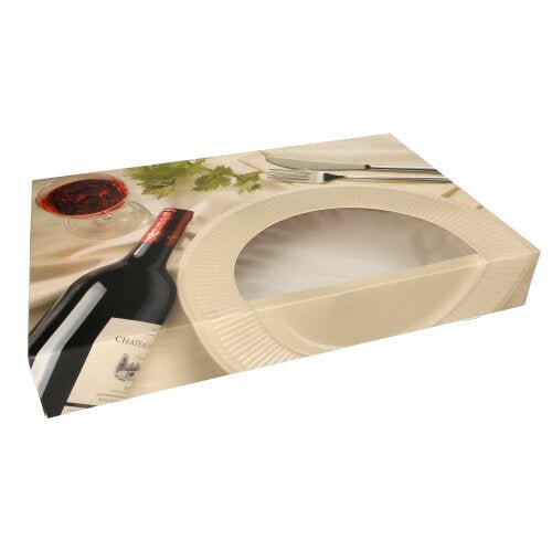 The PAPSTAR transport and catering boxes (burgundy, two-piece with window, 5 pieces) from PAPSTAR GmbH are equipped with a clear window on the lid and the illustration of a wine bottle, a red wine glass, a plate, cutlery, and a green garnish.