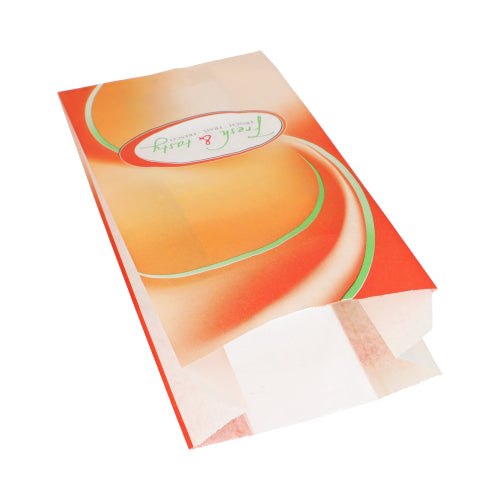 Ein Starpak 1000 Sichtstreifenbeutel (33x16x8,7 cm) in Weiß mit „Fresh & Tasty“-Design liegt flach und offen auf weißem Hintergrund, ideal zur Lebensmittelaufbewahrung. Aus Schrumpffolie. Packung enthält 1000 Beutel.