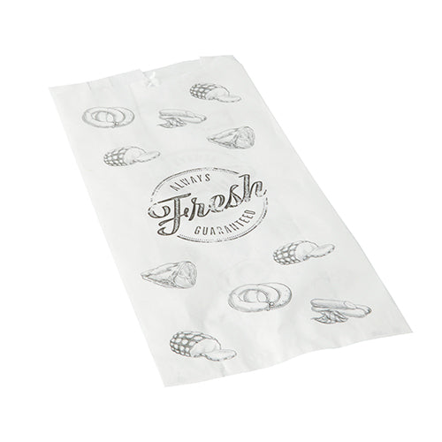 The PAPSTAR 1000 butcher bags from PAPSTAR GmbH is a white kraft paper bag with "Always Fresh Guaranteed" and black bread roll, pretzel, and croissant motifs - perfect for butcher shops or as butcher bags.