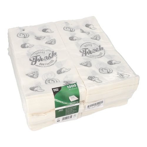A pack of 1,000 PAPSTAR butcher bags from PAPSTAR GmbH made of threaded kraft paper with a green label and black "Always fresh guaranteed" motifs with fruits and vegetables; ideal for butcher shops.