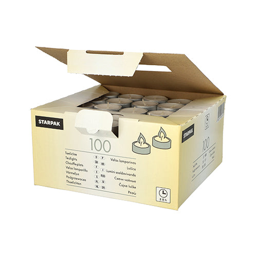 Die Starpak Faltschachtel enthält 100 weiße Teelichter (Ø 38 mm, 22 mm), ordentlich angeordnet. Jede Kerze bietet eine lange Brenndauer von 8 Stunden – ideal für eine langanhaltende Atmosphäre.