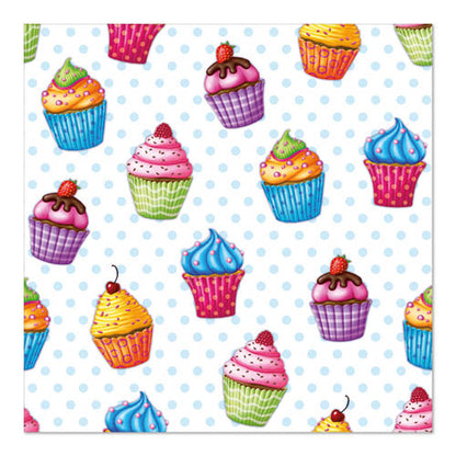 A seamless pattern of colorful cupcakes with various icings and decorations, inspired by PAPSTAR GmbH's 20 napkins 33x33cm 3-ply design set 5, on a white background with light blue dots.