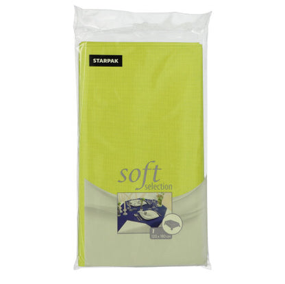 The light green Starpak tablecloth "Soft Selection" made from fabric-like fleece (120 x 180 cm) is delivered along with a set dining table.