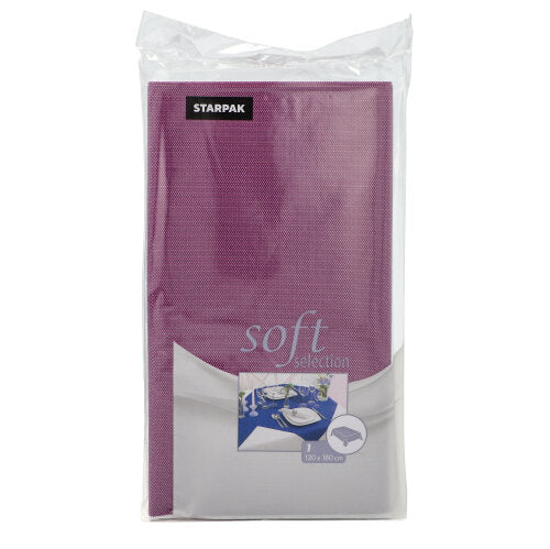 The Starpak tablecloth "Soft Selection" is a fabric-like fleece tablecloth, 120 x 180 cm, in purple and white colors, foil-wrapped with the Starpak brand on the front.