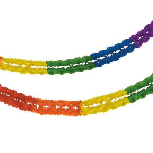 Zwei PAPSTAR Großraumgirlanden-Papiergirlanden (feuerhemmend, Ø16 cm, 10 m) der PAPSTAR GmbH bestechen durch leuchtende, sich wiederholende Farben und sind auf einem weißen Hintergrund drapiert – ideal für leuchtende Dekorationen.