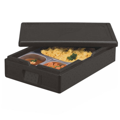 A PAPSTAR insulated transport container EPP 60x40cm black "Gastro-Norm 1/1" from PAPSTAR GmbH stands with a tilted lid and shows a pre-packaged meal inside with three compartments: soup, vegetables, and noodles with parsley.