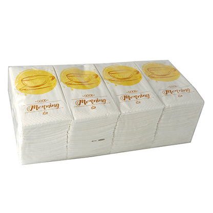Ein Stapel PAPSTAR 250 Servietten, 3lagig 1/8-Falz der PAPSTAR GmbH, jeweils 33 x 33 cm groß, mit goldener Teetasse und "Good Morning"-Motiv, ist in einer durchsichtigen Kunststoffverpackung verpackt.