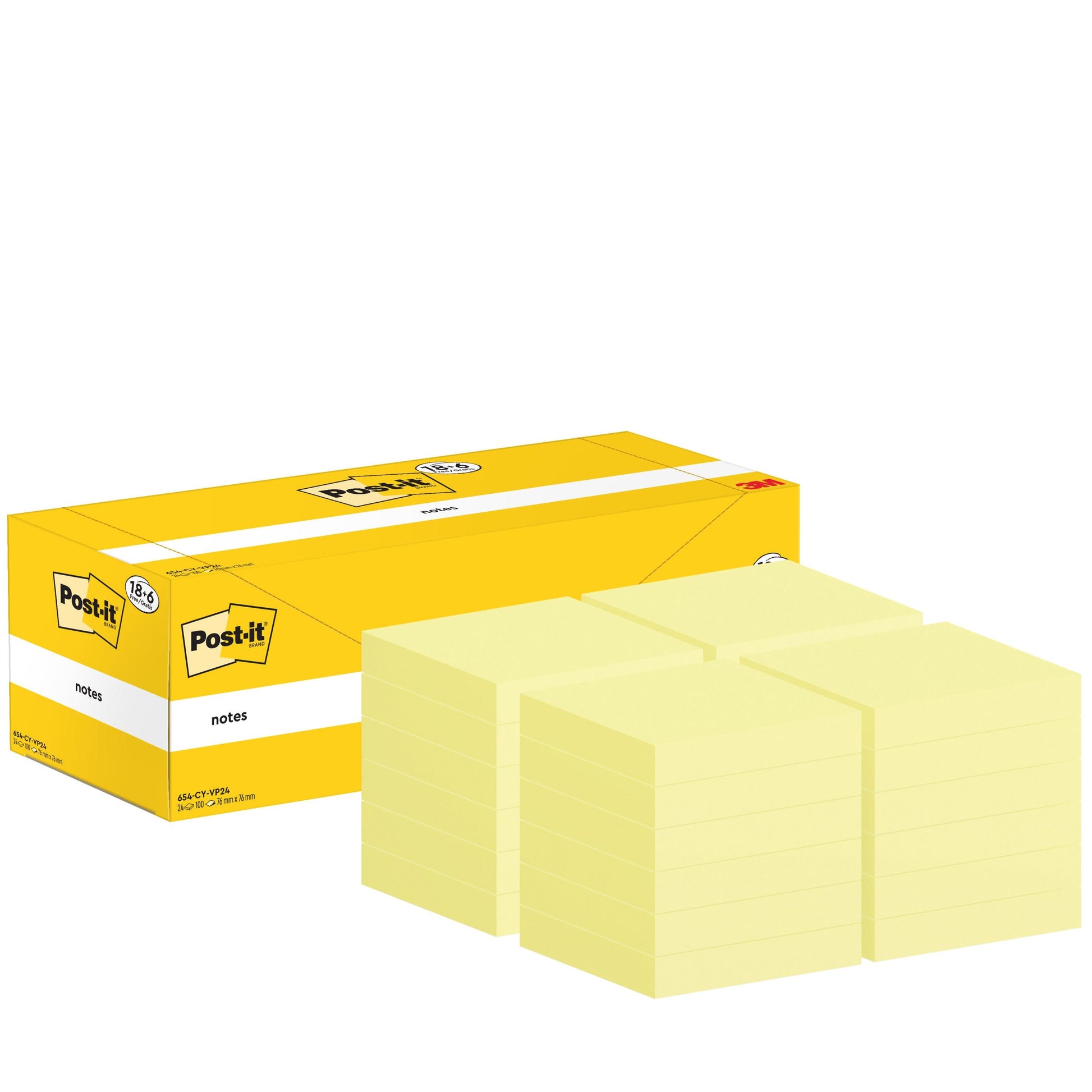 Eine gelbe Schachtel Post-it® Notes (76 mm x 76 mm, 100 Blatt/Block, 100% PEFC) der 3M Deutschland GmbH steht neben mehreren Stapeln hellgelber, quadratischer Haftnotizblöcke, jeweils mit Markenverpackung und Produktangaben.