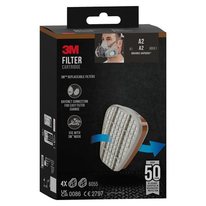 A box of the 3M™ Filter Cartridge 6055, A2 Organic Vapors from 3M Deutschland GmbH shows a photo of a person with a respirator mask, as well as product details, compatibility information, and prominent branding on a black background.
