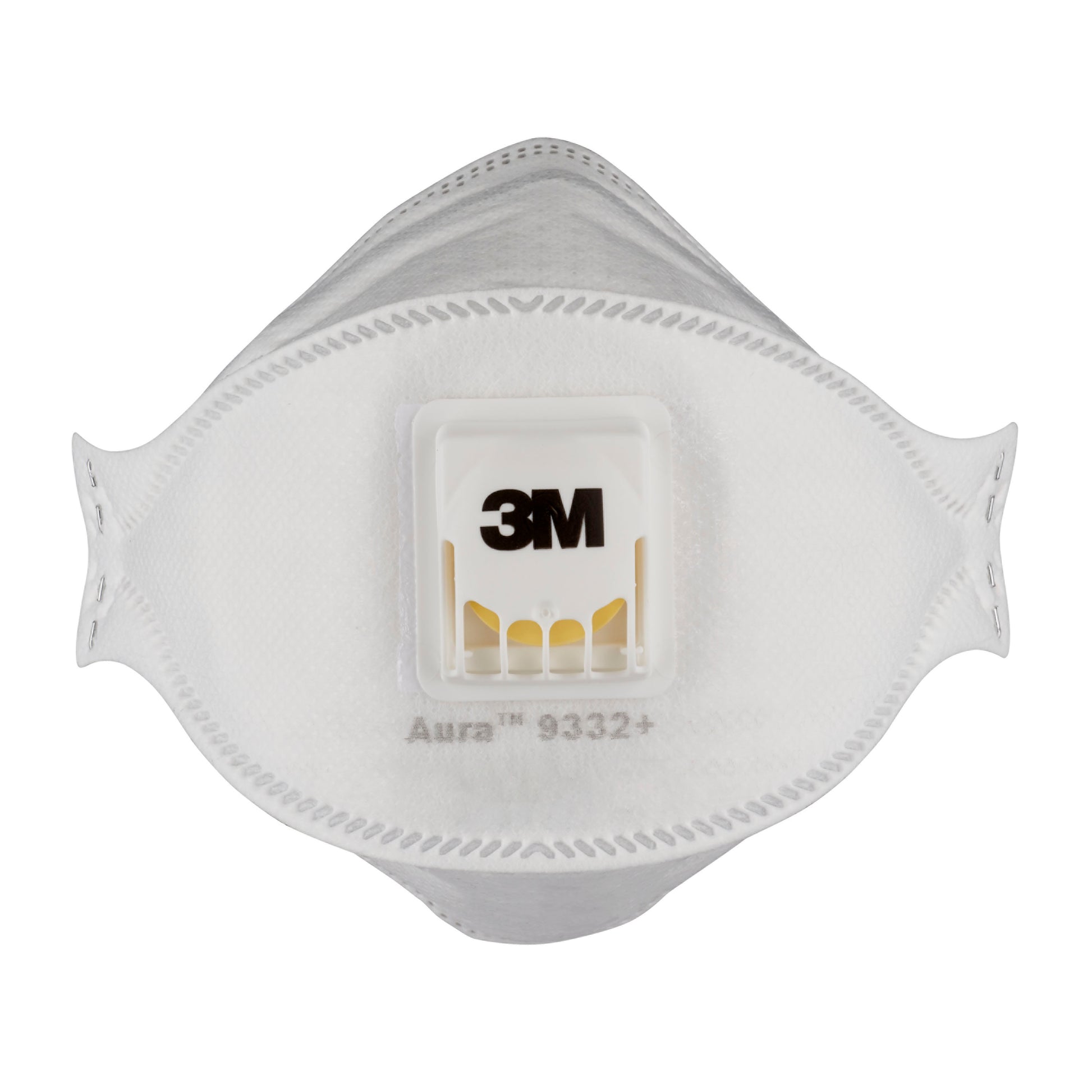 Die 3M™ Aura™ Comfort Cool Flow™ Partikelmaske 9332+, FFP3, mit Ventil von 3M Deutschland GmbH ist eine weiße Einweg-Atemschutzmaske mit zentralem Ausatemventil, die auf einem einfarbig weißen Hintergrund dargestellt ist.