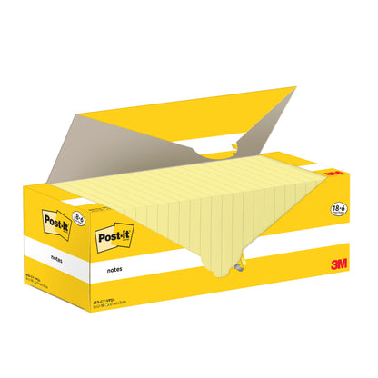 Eine geöffnete gelb-weiße Schachtel der 3M Deutschland GmbH Post-it® Notes (Gelb, 76x127 mm, 100 Blatt/Block, 18 Blöcke + 6 Gratis, Kartonverpackung) zeigt mehrere linierte Blöcke. Auf der Schachtel sind das Post-it®- und das 3M-Logo abgebildet.