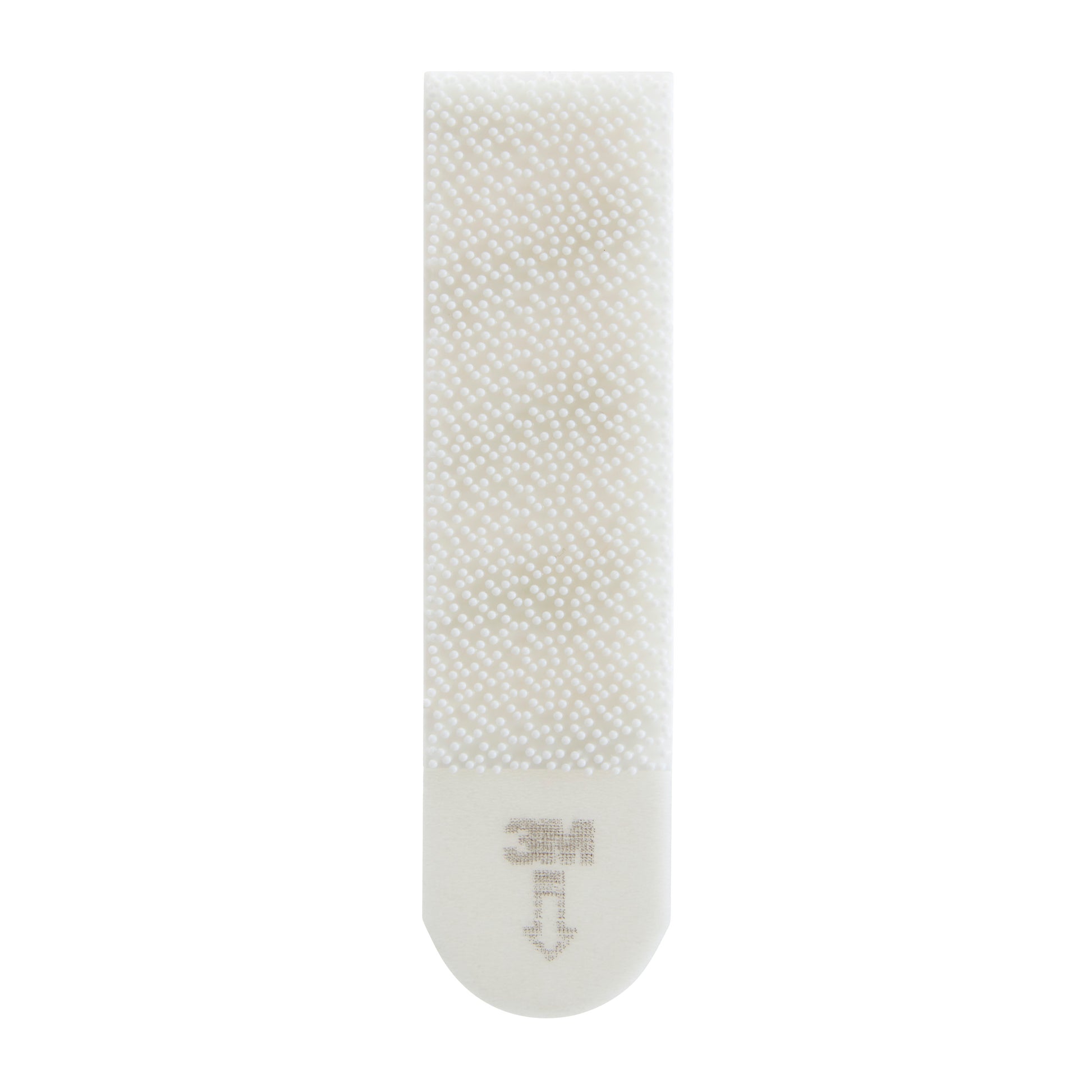 Ein einzelner 3M Deutschland GmbH Command Picture Hanging Strip (10 lb Medium, weiß, 17204/PH204), mit strukturierter Oberfläche, abgerundetem Ende und "3M"-Logo plus Abwärtspfeil in der Nähe des unteren Randes.