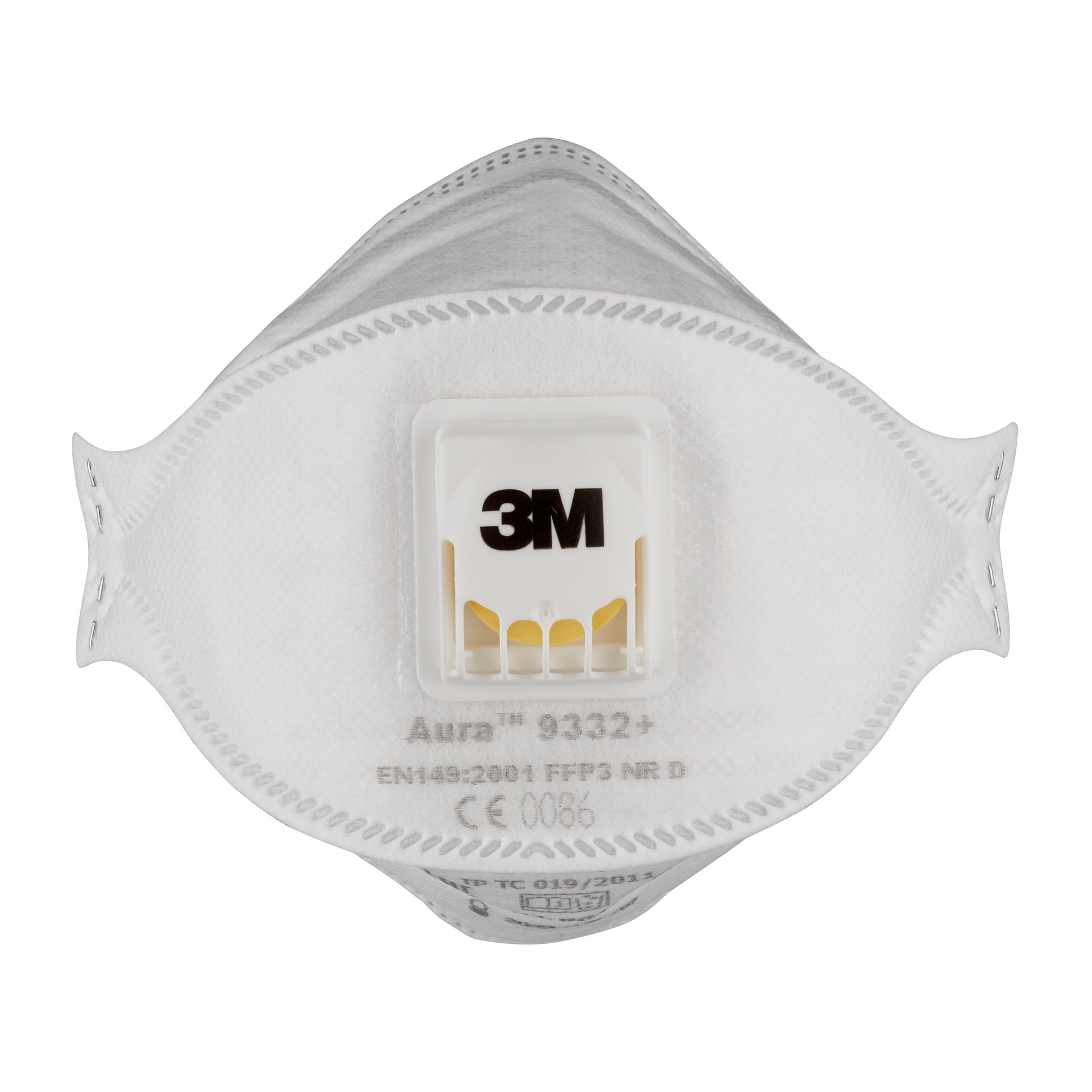 Die 3M™ Aura™ Comfort Cool Flow™ Partikelmaske 9332+ FFP3 der 3M Deutschland GmbH ist von vorne abgebildet, mit einem Zentralventil und aufgedruckten Modell- und Zertifizierungsangaben.