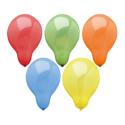 Fünf PAPSTAR Luftballons 29 cm (aus der Serie PAPSTAR 20 Luftballons farbig sortiert, Beutel 20 Stück der PAPSTAR GmbH) in den Farben Rot, Grün, Orange, Blau und Gelb sind in zwei Reihen auf weißem Grund abgebildet: oben Rot, Grün, Orange, unten Blau und Gelb.