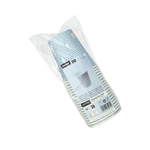 Ein 20er-Pack Starpak „To Go“ Trinkbecher aus recycelbarer Pappe (0,2l, Ø 8-9,1cm) mit blauem geometrischem Muster. Die Verpackung enthält Produktinfos, Recycling-Symbole und einen Barcode.