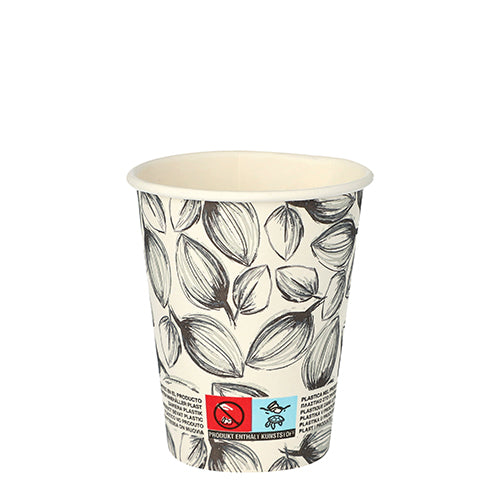 Der Starpak 40 Trinkbecher "Leaves" To Go (0,2 l, 8 cm Ø, 9,1 cm hoch) besticht durch ein schwarz-weißes Blattmuster mit Warnsymbolen und Text am Boden vor weißem Hintergrund. Enthält 40 Einweg-Pappbecher.