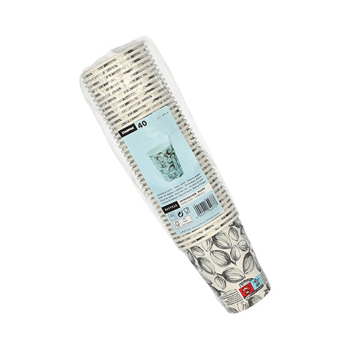 Eine Packung mit 40 Starpak Einwegbechern im „Leaves“-Design (0,2 l, Ø 8 cm, 9,1 cm, weiß) aus Papier, verpackt in Folie. Das Etikett enthält Produktinformationen, einen Barcode und das Bild eines Bechers mit einem Getränk.