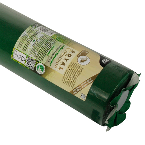 A green roll of PAPSTAR table runner, Tissue "ROYAL Collection" (24 m x 40 cm) from PAPSTAR GmbH, with a light brown and green label with product information and barcode. The end is wrapped in green foil - ideal for attractive table runner presentations.