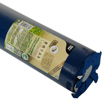 A rolled table runner from PAPSTAR GmbH, Tissue "ROYAL Collection" (24 m x 40 cm), in blue, is packaged in a clear packaging with a beige-green label containing product information and care instructions.